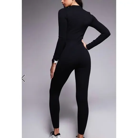 ASOS ribbed catsuit bodysuit 4505 seamless zip front all-in-one in black sz S - Picture 3 of 9